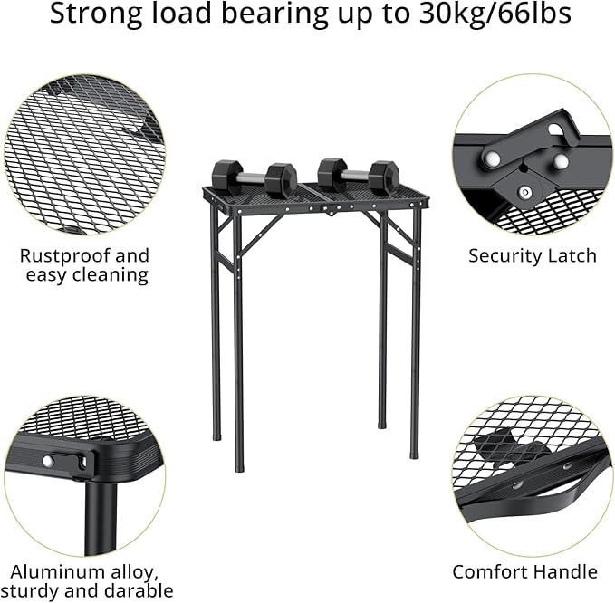 Anbte 2ft Folding Grill Table Max 29.5", 3 Adjustable Height Lightweight Camping Table with Heat-Resistant Mesh Tabletop Portable Handle, Waterproof, for Cooking BBQ Outdoor, 22.8" X 16", Black