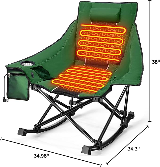 Slendor Oversized Heated Camping Chair, Folding Heated Rocking Chair with Padded Pillow, 3 Adjustable Heat Settings Portable Camp Chair for Outdoor & Indoor Use, NO Power Bank,Green