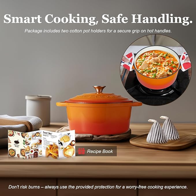 Overmont Enameled Cast Iron Dutch Oven - 7QT Pot with Lid Cookbook & Cotton Potholders - Heavy-Duty Cookware for Braising, Stews, Roasting, Bread Baking orange