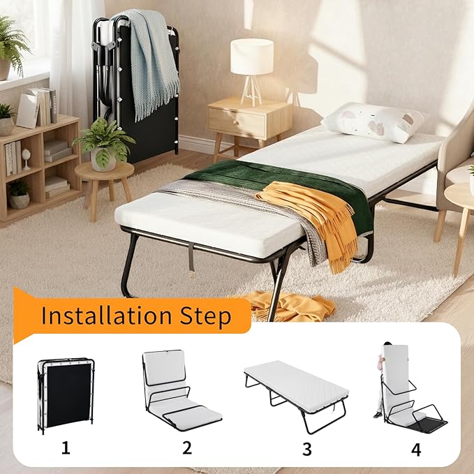 MAMIZO Folding Bed,Rollaway Bed with Mattress for Adults,Portable Bed,Metal Frame with Memory Foam Mattress,for Bedroom,Office,Camp,No Assembly Required,(75" x 31"x14")