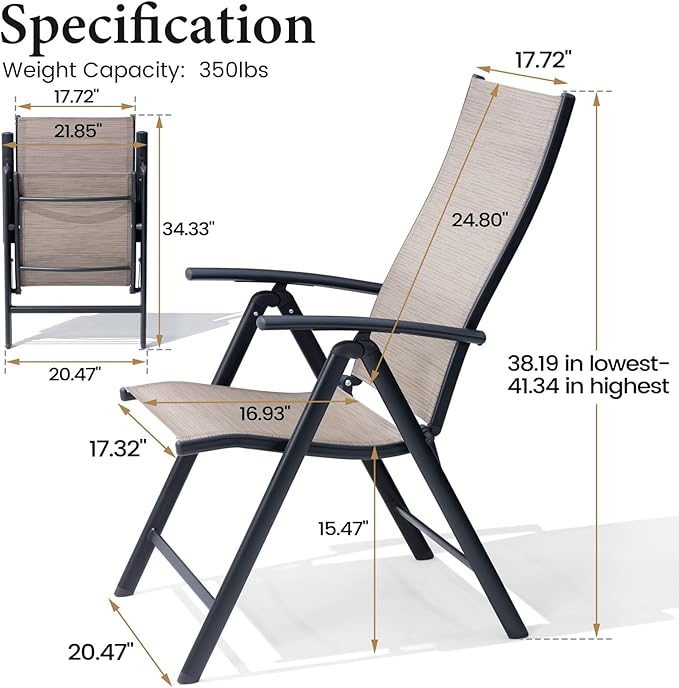 Crestlive Products Folding Patio Chairs Set of 4, Foldable Outdoor Dining Chairs 7-Level Adjustable Portable Recliner Chair for Camping, Lawn, Pool, Backyard, Brown
