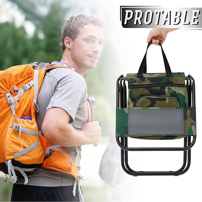 Jerify 2 Pcs Fishing Chair with Cooler Bag Multi-Function Foldable Compact Fishing Stool Hunting Chair Portable Backrest Stool with Folding Backpack for Finishing Camping Hunting Travel(Camo Color)
