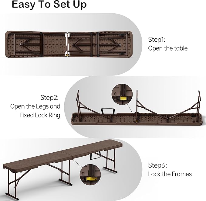 6 Foot Folding Bench, Portable Plastic Folding Bench Seat, Foldable Seat for Indoor Outdoor Picnic Camping Dining, Soccer Garden Multipurpose Entertaining Activities, Brown, 2 Pack