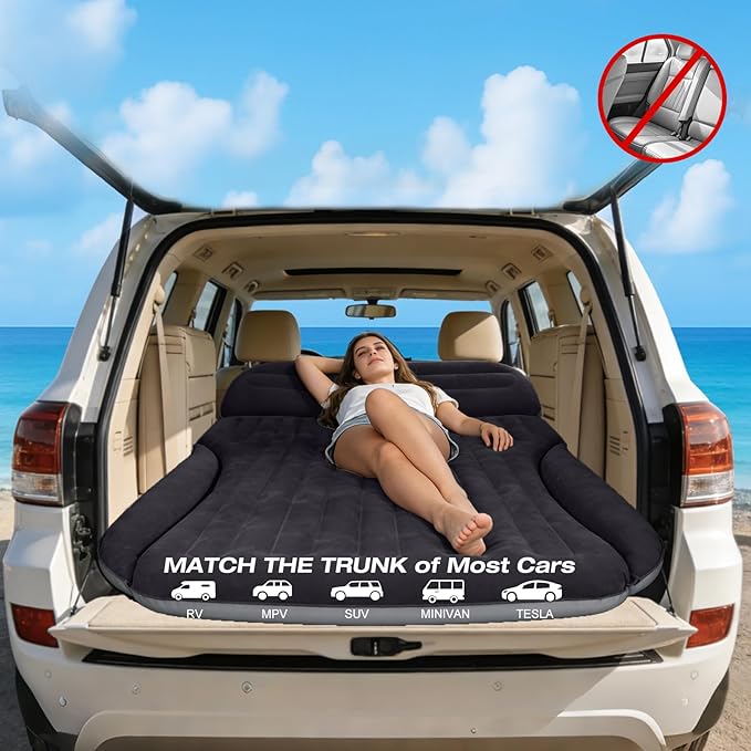 SUV Air Mattress, Double-Sided Thick Flocked Car Air Mattress with Built-in Pump & Pillow, Complete Sleeping Accessories for Auto Camping & Road Trips（Blue Black）