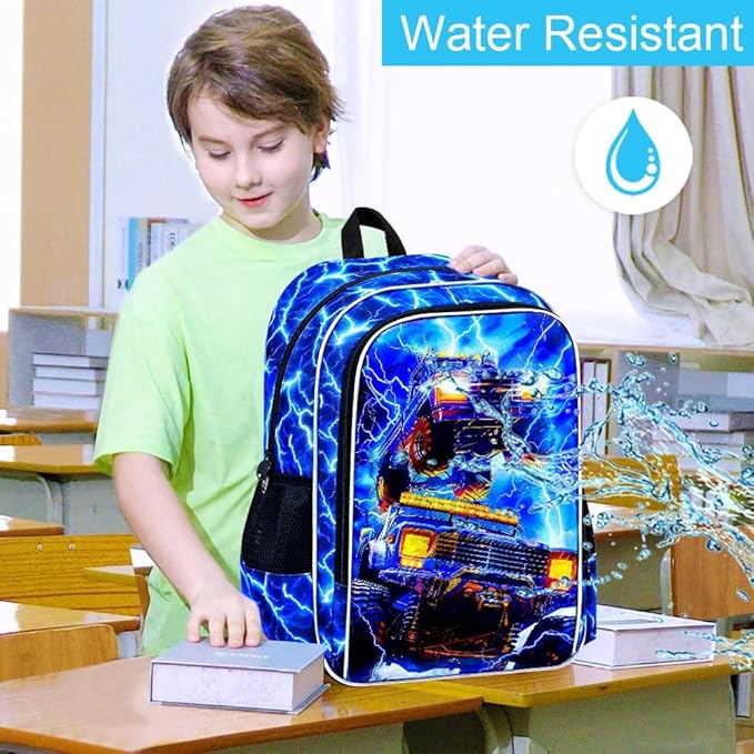 17" Truck Backpack for Boy, 3Pcs Lightning Bookbag for Elementary Preschool Kindergarten, Kids School Thunder Backpacks with Lunch Box (Blue)