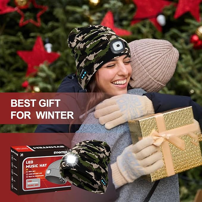 Gifts for Men, Rechargeable Bluetooth Music Unisex Beanie Hat with Light, Valentines Day Gifts for Him, Birthday Gifts for Men, Women, Camouflage