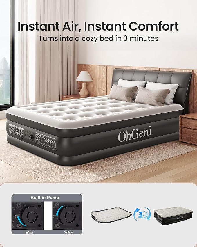 OhGeni Air Mattress Full with Built in Pump, Ideal Alternative to a Bed, 18'' Raised Comfortable Blow Up Colchones Inflables Mattress for Home, Guests, Foldable Portable Bed for Adults, 600 lbs