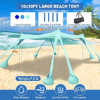 Beach Tent Sun Shelter 10x10ft Beach Canopy Easy Pop Up Sun Shade Portable UPF50+ with 8 Sandbags-2 Sand Shovel-4 Aluminum Poles-Ground Pegs for Outdoor Family Camping Fishing Backyard Picnic