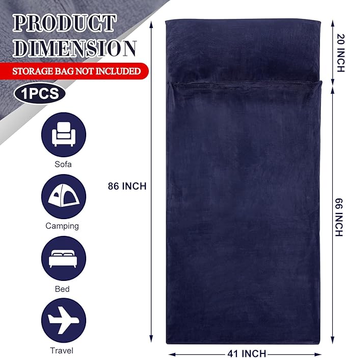 Flannel Sleeping Bag Liner for Adult, Travel Camping in Warm Cold Weather, Soft Fluffy Travel & Hotel Sleeping Bag Liner with Zipper for Hiking Camping Indoor Outdoor Use