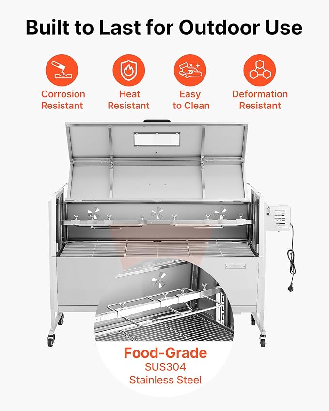 VEVOR Rotisserie Grill, 46in BBQ Outdoor Pig & Lamb Spit Roaster, Charcoal Spit Roaster with 132 LBS Capacity, Wheels & 4-Level Height, Stainless Steel Rotisserie Grill Kit for Camping Outdoor Parties