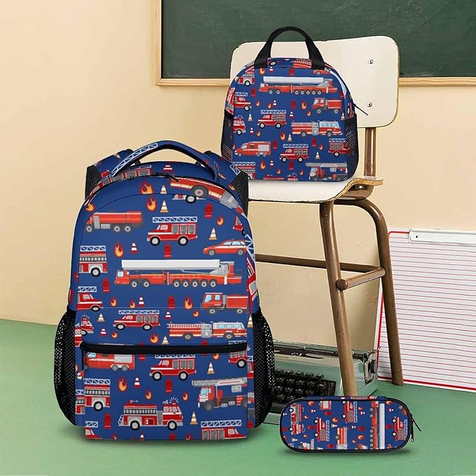 Fire Truck Backpack with Lunch Box Set for Boys, 3 in 1 Kids School Backpacks Matching Combo for Toddler Boy, Durable Truck Patterns Bookbag and Pencil Pouch Bundle for Preschool Elementary