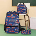 Fire Truck Backpack with Lunch Box Set for Boys, 3 in 1 Kids School Backpacks Matching Combo for Toddler Boy, Durable Truck Patterns Bookbag and Pencil Pouch Bundle for Preschool Elementary