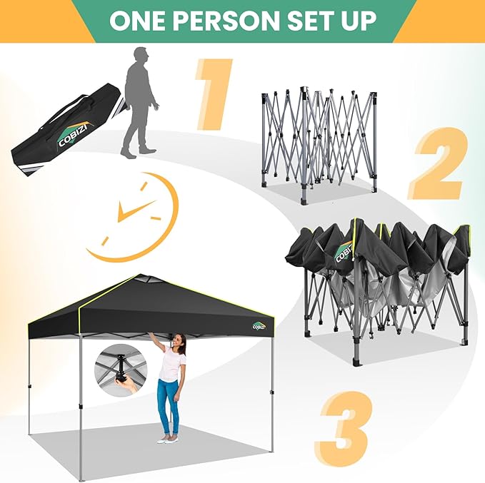 COBIZI 10x10 Pop Up Canopy Tent, Outdoor Party Tent with 4 Sidewall One Push Setup Glow, 3 Adjustable Height Air Vent Waterproof UPF50+, Bag, 4 Sandbag, 8 Stake, 4 Rope for Beach, Commercial