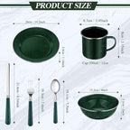 Nuogo 48 Pcs Enamel Camping Tableware Includes 12 oz Coffee Mugs 10.5 Inch Camping Plates 6 Inch Bowls and Utensils Set Includes Knife Fork Spoon for Outdoor RV (Green)