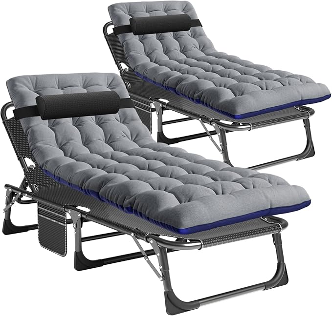 Barbella Folding Camping Cots Patio Lounge Chair with Mattress, 4 Position Adjustable Folding Sleeping Bed Patio Chaise Lounge Chairs for Sunbathing, Camping, Pool, Beach, Patio