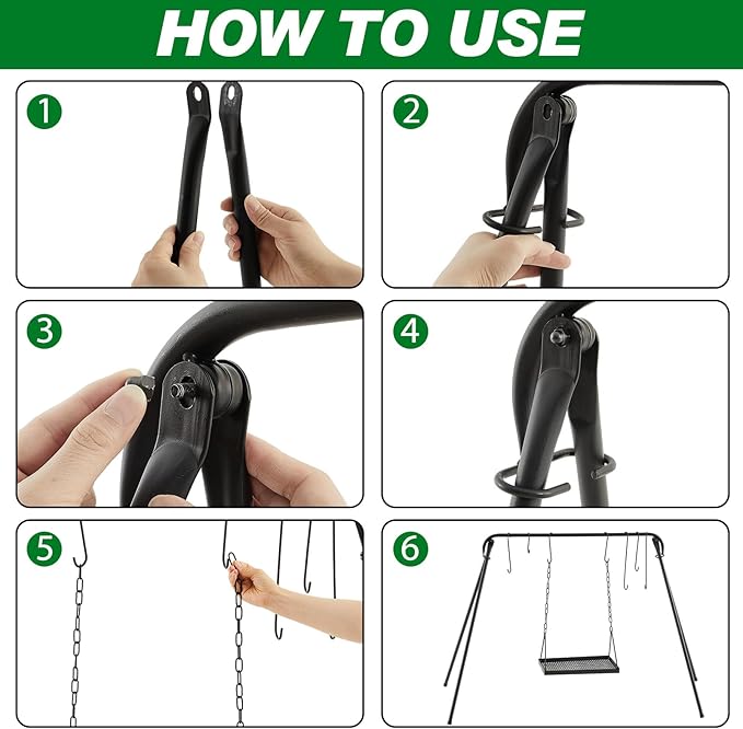 Campfire Swing Grill Stand Adjustable Campfire Cooking Equipment Camping Accessories Cookware Hanging Rack with 8 Hooks and Portable Grill Stand for BBQ Picnic Outdoor Party