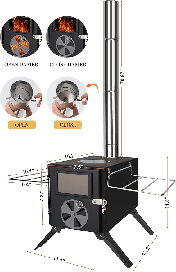 Camping Stove for Hot Tents, LAMA 304 Stainless Steel Wood Burning Stove with Stainless Wall Chimney Pipes for Tents, Shelter, Outdoor Portable Stove for Camping Heating and Cooking