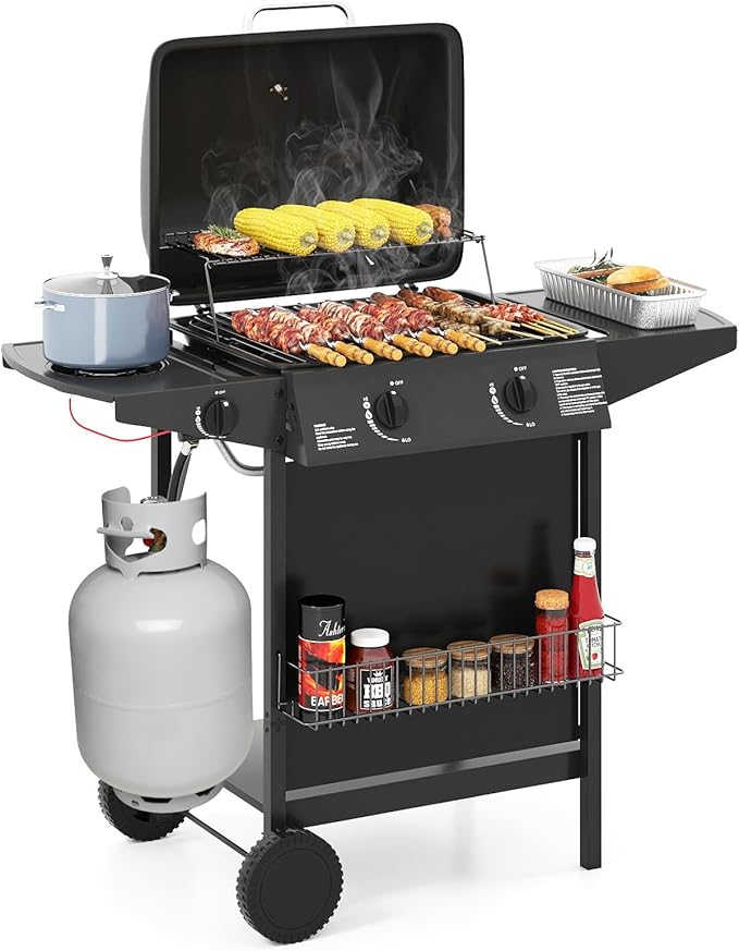 Happygrill 2 + 1 Burner Propane Gas Grill, 30,000 BTU Outdoor Cooking Grill with Storage Shelves & Porcelain-Enameled Grates, Portable BBQ Grills on Wheels w/Thermometer for Backyard, Camping & Picnic