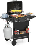 Happygrill 2 + 1 Burner Propane Gas Grill, 30,000 BTU Outdoor Cooking Grill with Storage Shelves & Porcelain-Enameled Grates, Portable BBQ Grills on Wheels w/Thermometer for Backyard, Camping & Picnic