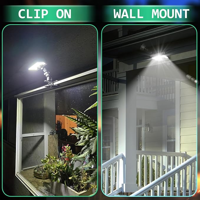 Solar Lights Outdoor, Clip On or Wall Mount, Motion Sensor Flood Light, 3 Settings, USB Charging and Solar Powered Fence Lights for Yard, Deck, Gutter, Camping, IP65 Waterproof, 2 Pack
