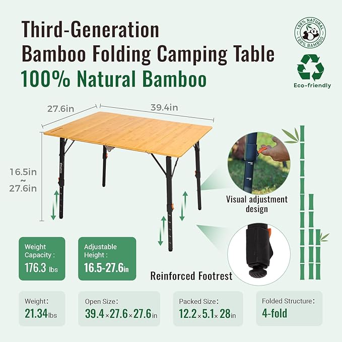 KingCamp Padded Oversized Camping Chair and Bamboo Folding Table 4-Fold Portable Camping Table with Visual Adjustable Height Aluminum Legs,Outdoor Lightweight Camp Tables with Carry Bag