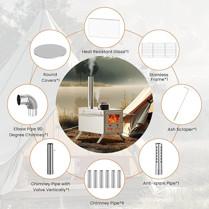 Upgraded Wood Stove, Hot Tent Stove Camping Portable Stainless Steel Wood Burning Stove with 7 Chimney Pipes for Wall Tent Camping, Hunting, Heating, Cooking, Ice Fishing, Boiling Water - Large