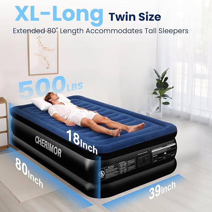 Twin XL Air Mattress with Built in Pump, Upgraded 80" Length, 18" Raised Twin Blow Up Mattress, Multi-Layer Leakproof & Support 500 lbs, 2-Min Fast Inflation Air Bed for Home Camping Guests