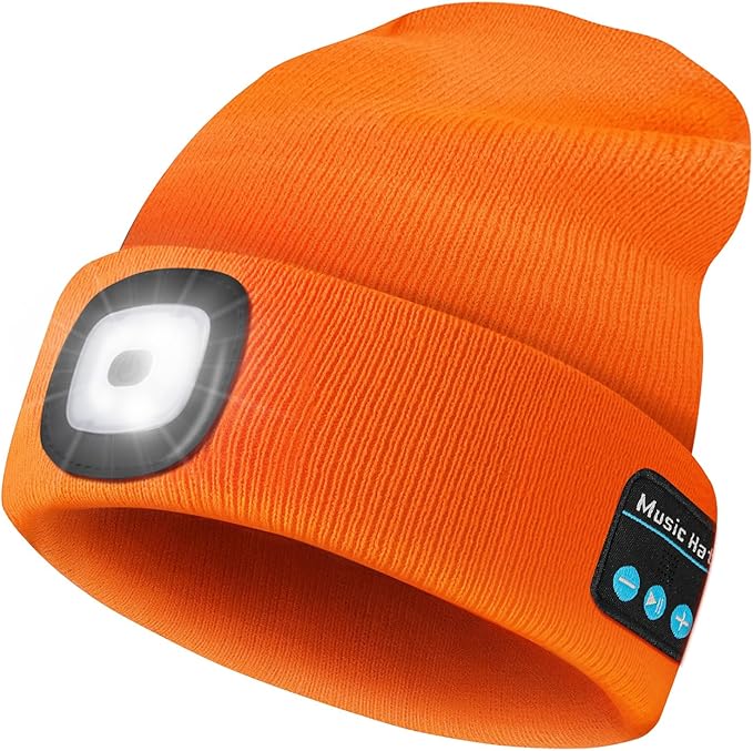 Gifts for Men, Rechargeable Bluetooth Music Unisex Beanie Hat with Light, Valentines Day Gifts for Him, Birthday Gifts for Men, Women, Orange