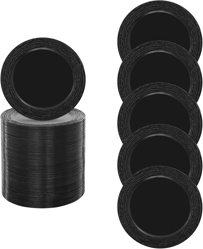 100 PCS Antique Charger Plates Bulk, 13'' Plastic Embossed Dinner Plate Chargers Round Floral Plates for Wedding Decorative Chargers for Table Dinner Kitchen Party Decoration (black)