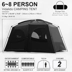 Vidalido Tents，6-8 Person Camping Tent with Extended Vestibule，2 Room Weather Resistant Family Tents，Easy Install Waterproof Outdoor Tent for Backpacking and Camping Hiking