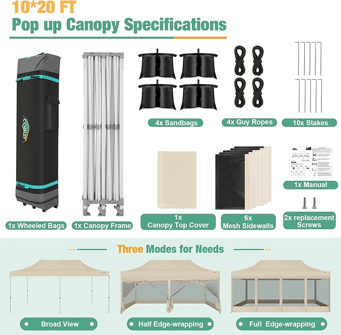 COBIZI 10x20 Canopy Tent, Heavy Duty Pop up Canopy with Sidewalls, Waterproof Easy Setup Canopy with Mosquito Netting, Outdoor Instant Screen Tents for Parties, Wedding with Roller Bag, Khaki