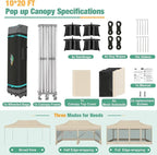 COBIZI 10x20 Canopy Tent, Heavy Duty Pop up Canopy with Sidewalls, Waterproof Easy Setup Canopy with Mosquito Netting, Outdoor Instant Screen Tents for Parties, Wedding with Roller Bag, Khaki