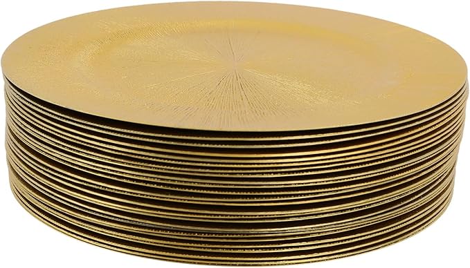 DYRABREST 100 Pcs Gold Charger Plates, 13 Inch Bulk Round Charger Plates Plastic Wedding Dinner Elegant Reusable for Table Setting Wedding Party Event Tabletop Setting Decor (Gold)