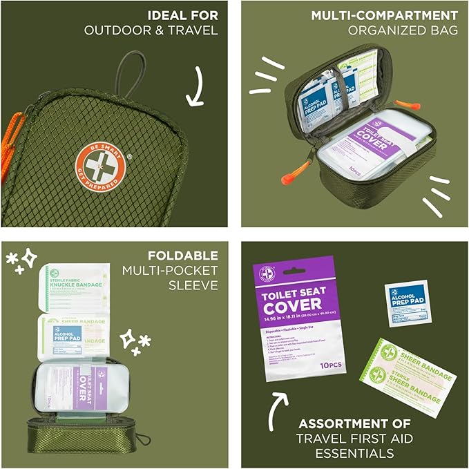 Be Smart Get Prepared 125 Pieces Travel First aid kit, Carry-on Travel Essentials– PPE, Camping, Hiking, Road Trips, On-The-Go