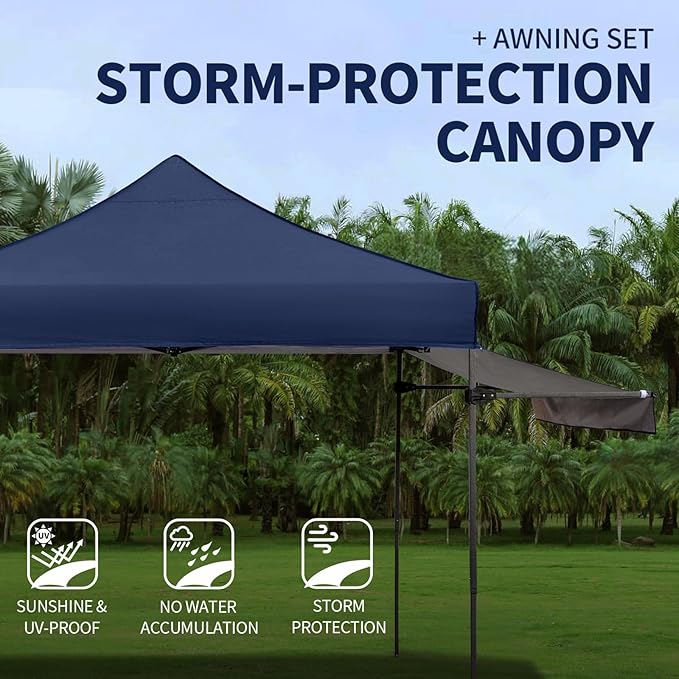 Pop up Canopy Tent with Awning Easy up Canopy with Wheel Bag Heavy Duty Waterproof Canopy Commercial Gazebo Tent for Outdoors Parties Vendors (Navy Blue)