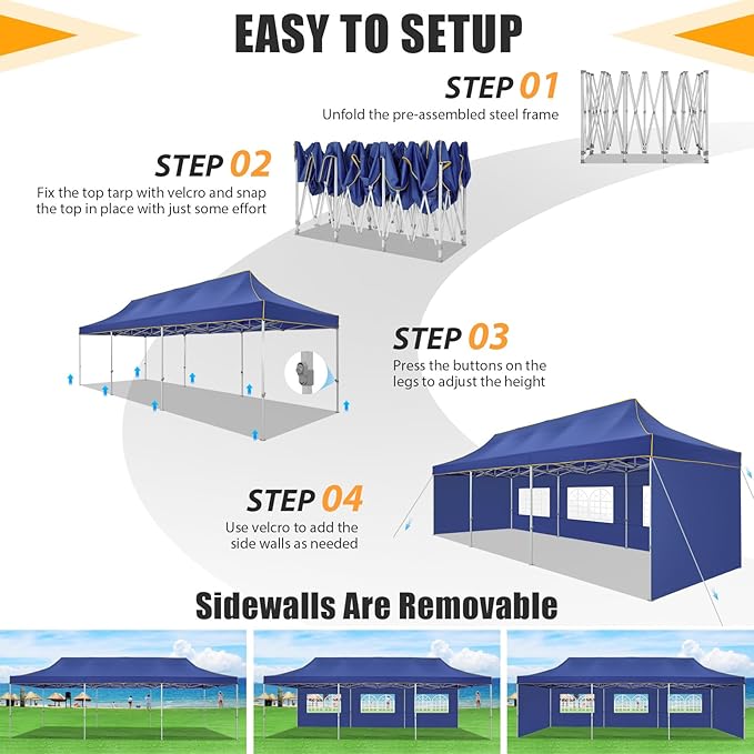 HOTEEL 10x30 Heavy Duty Pop Up Canopy Tent with 5 Sidewalls&Wheeled Bag, Commercial Event Party Tent Wedding Instant Canopy Waterproof, Upgraded Thicked Hexagonal Legs, UV 50+, Deep Blue