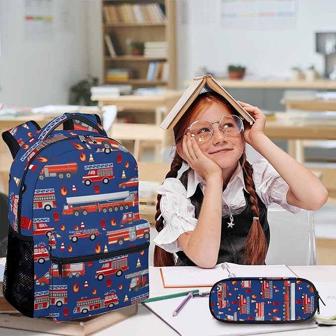 Fire Truck Backpack with Lunch Box Set for Boys, 3 in 1 Kids School Backpacks Matching Combo for Toddler Boy, Durable Truck Patterns Bookbag and Pencil Pouch Bundle for Preschool Elementary
