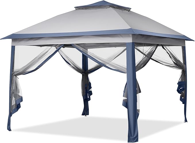 Saemoza 11x11 Pop Up Camping Shelters Tent, Outdoor Tent with Netting, Outdoor Shelters for Backyard, Screen House with Wheeled Cover Bag, Blue.