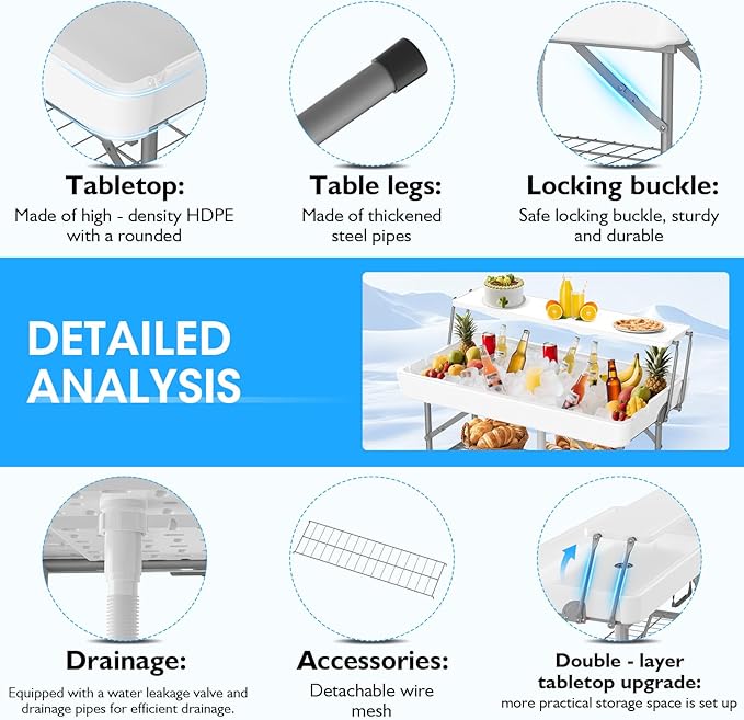 HLPB 4 FT Party Ice Cooler Folding Table with Folding Board, Outdoor ice Table with Skirt & Drain & Folded Buckets & Barbed Wire, Portable Foldable Bar Table for Party, BBQ, Camping, Picnic, White