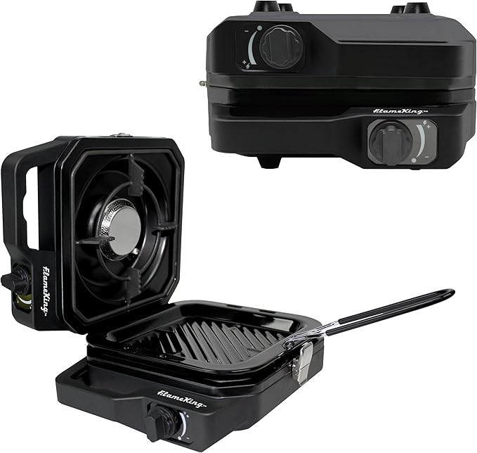 Flame King CampactCooker, Dual Burner Propane Camping Stove with Detachable Grill, Portable Foldable Cooking Stove 12,000 BTU, for Camping, Patio, Emergency, Hiking (Black)