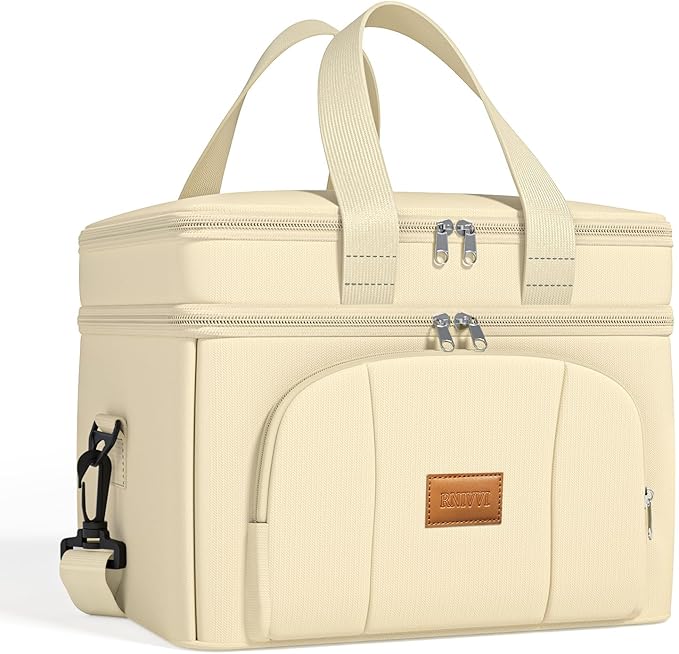 Rnivvi Lunch Box for Women, Double Decker Insulated Cooler Bag Lunch Bag Reusable Leakproof Tote Lunch Container with Strap for Work Family Picnic Camping, 18 Cans 12L, Large Adults, Apricot White