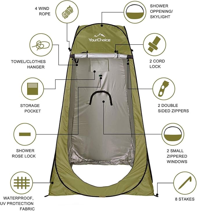 Your Choice Pop Up Privacy Shower Tent, 3.9 x 3.9 x 6.2FT Portable Camping Changing Room, Instant Setup Outdoor Shelter with Silver Coating, Vent Window & Carry Bag for Beach, Hiking & RV | Portable, for Camping, Beach, Hiking, with Carry Bag, Quick Setup