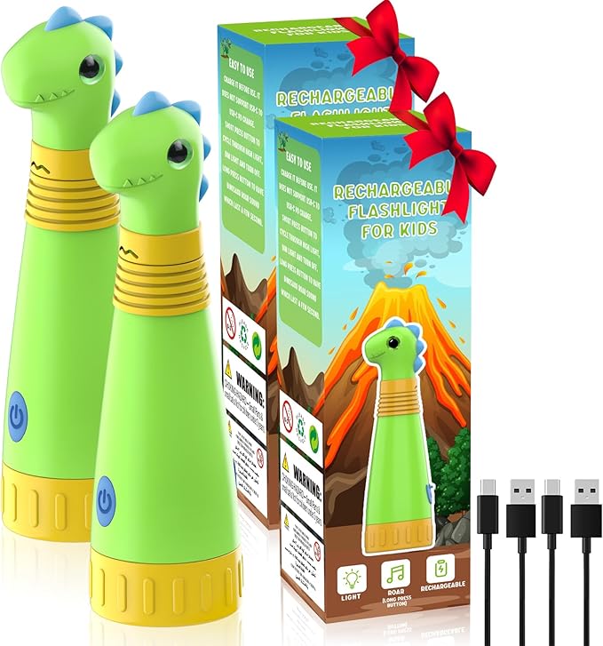2Pack Rechargeable Dinosaur Flashlight with Roar for Kids, Camping Gear Handheld Flashlight for Kids, Halloween Christmas Lights for Boys Girls, Dino Kid Lantern