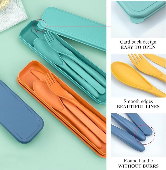 4 Sets Reusable Utensils Set with Case,Travel Utensils Cutlery Set Spoons and Forks Set, Reusable Plastic Utensils for Lunch Box Accessories for Adults, Portable Lunch Utensils Set for Daily