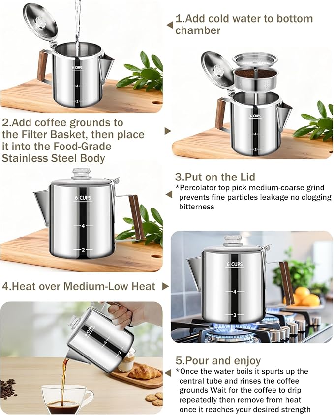 Coffee Maker Coffee Percolator 304 Stainless Steel Pot Stovetop Easy Brewing Even Heating 6 Cup 33.8oz 1000ml Silver Classic Design Heat Resistant Home Camping Outdoor