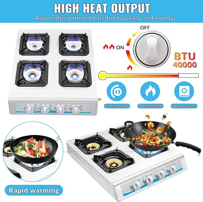 Propane Gas Stove,4 Burner Gas StovePortable Gas Stove Auto Ignition Camping Stainless Steel Stove 4 Burner LPG for RV, Apartment,Outdoor