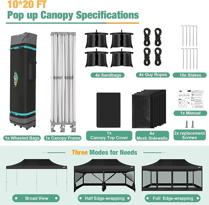 COBIZI 10x20 Canopy Tent, Heavy Duty Pop up Canopy with Sidewalls, Waterproof Easy Setup Canopy with Mosquito Netting, Outdoor Instant Screen Tents for Parties, Wedding with Roller Bag, Black