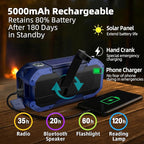 KAYINOW Emergency NOAA Weather Radio, Solar Hand Crank FM AM Radio with Bluetooth Speaker, 5000mAh/18500mWh Battery Powered, Flashlight, IPX5 Waterproof, SOS Alarm for Survival Hurricane Camping