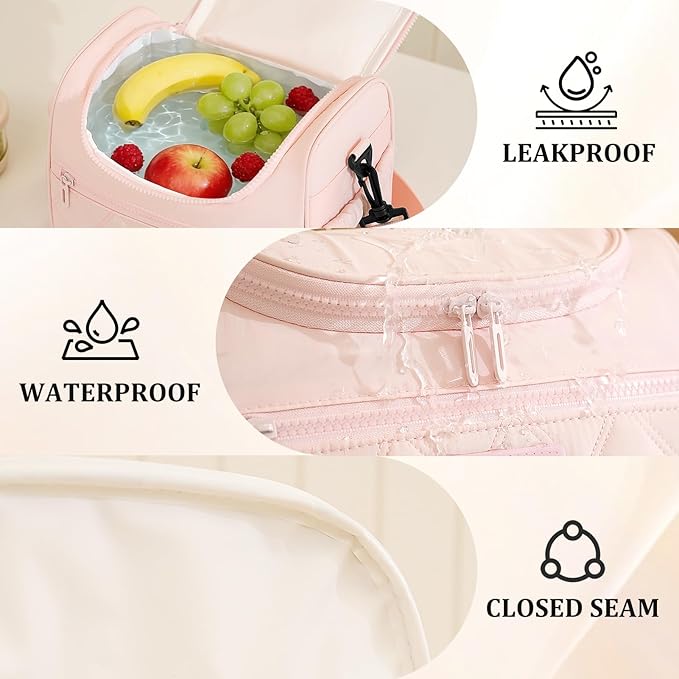 Lunch Bag for Women Soft Insulated,Leakproof Lunch Box with Straps Lightweight,Reusable Lunch Cooler for Work Meal Camping Travel,Pink