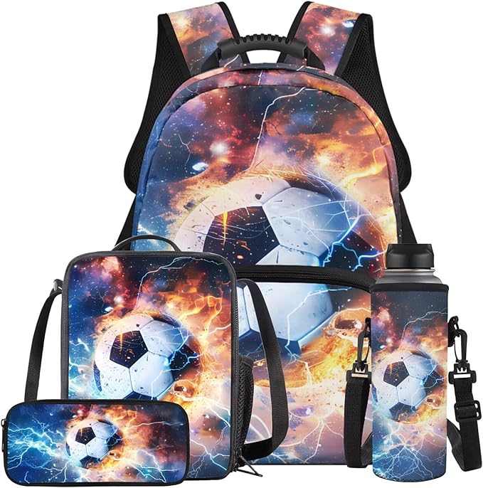 Soccer Backpack with Lunch Box Lightning Bookbag Fashion Lightweight Bookbag for Boys 8-12 with Lunch Box 4 Piece School Bag for Boys 10-12 Outdoor Camping Travel Daypack